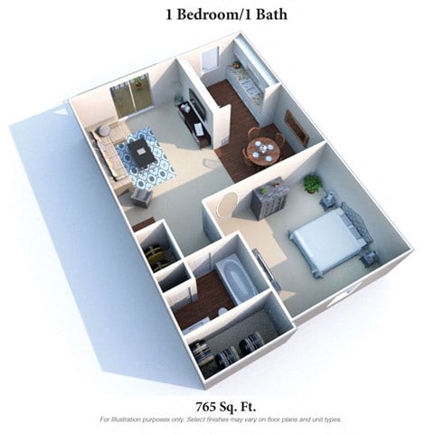 Floor plan for 1 bed, 1 bath, 765 sqft